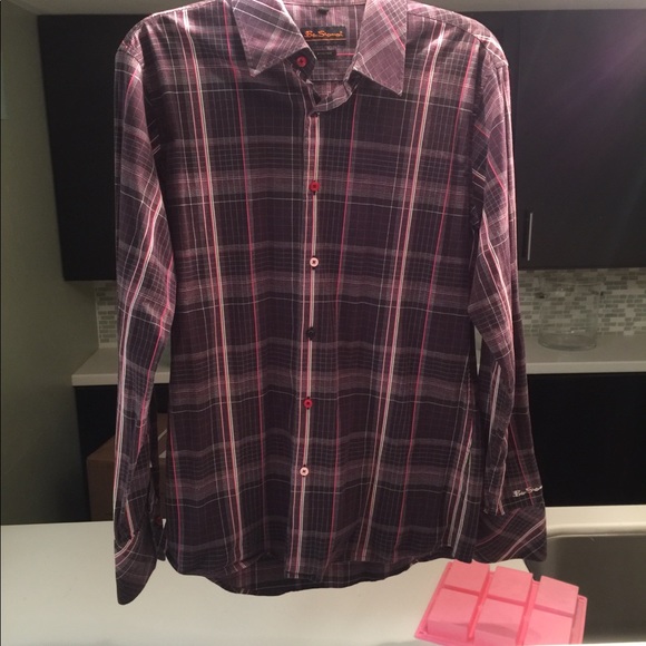 Ben Sherman Mens Dress shirt burgundy plaid. - Picture 2 of 3